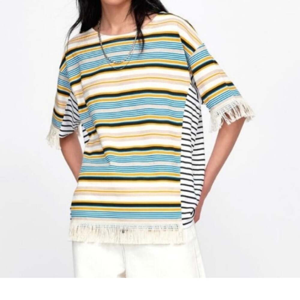 Zara Boho Indie Loose Fringe Striped Festival Everyday Casual T-shirt Small